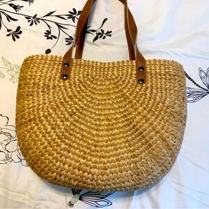 Handwoven Tote Bag.Made From Seagrass. Half-Moon Shape/Faux Leather Straps